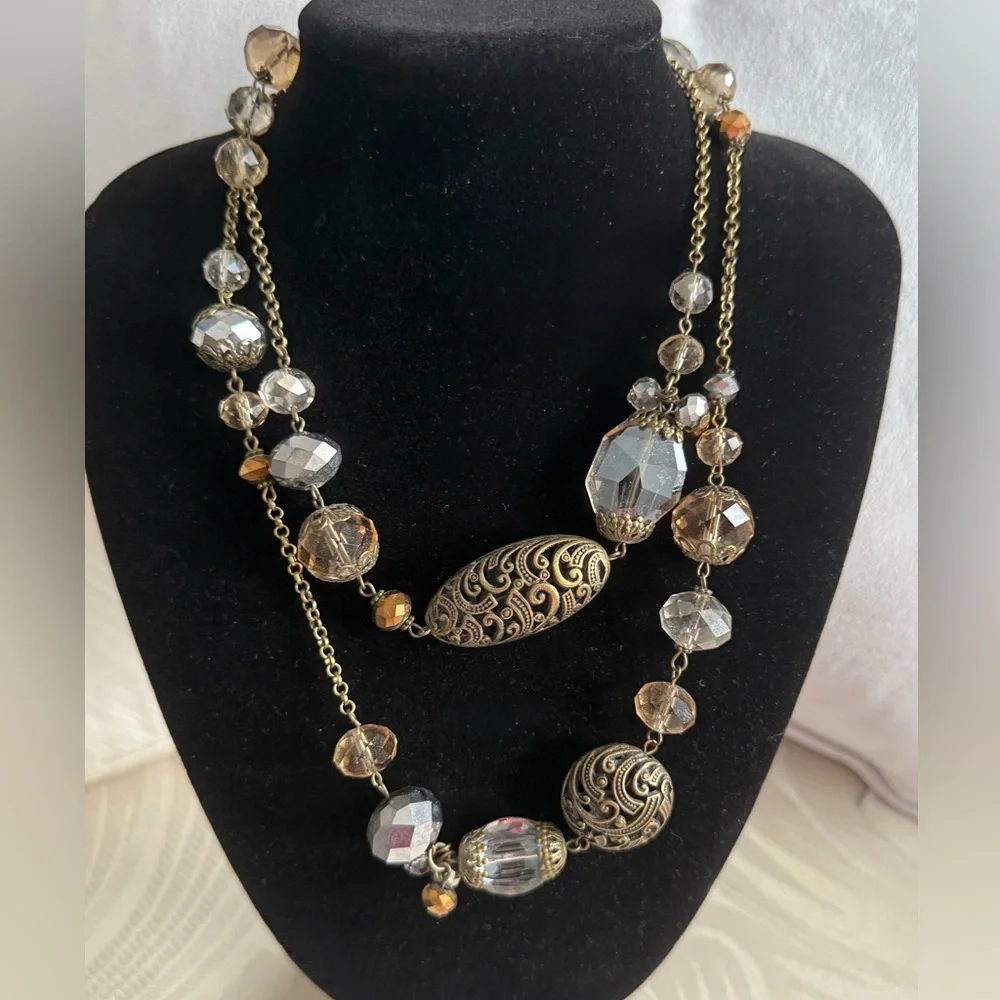 Vintage Opera Length Necklace Brass and Crystals 36”